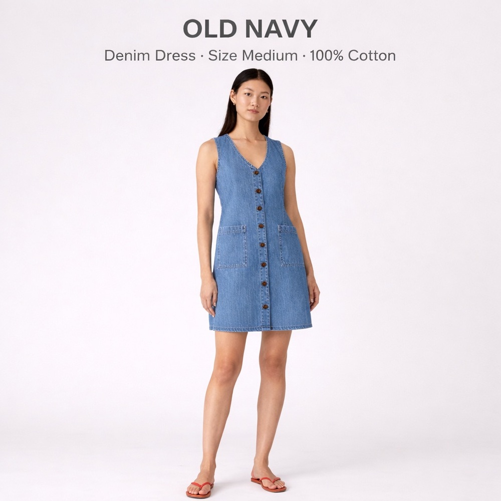 Old Navy 100% Cotton Denim Dress Size Medium Sleeveless Button Front Pockets M